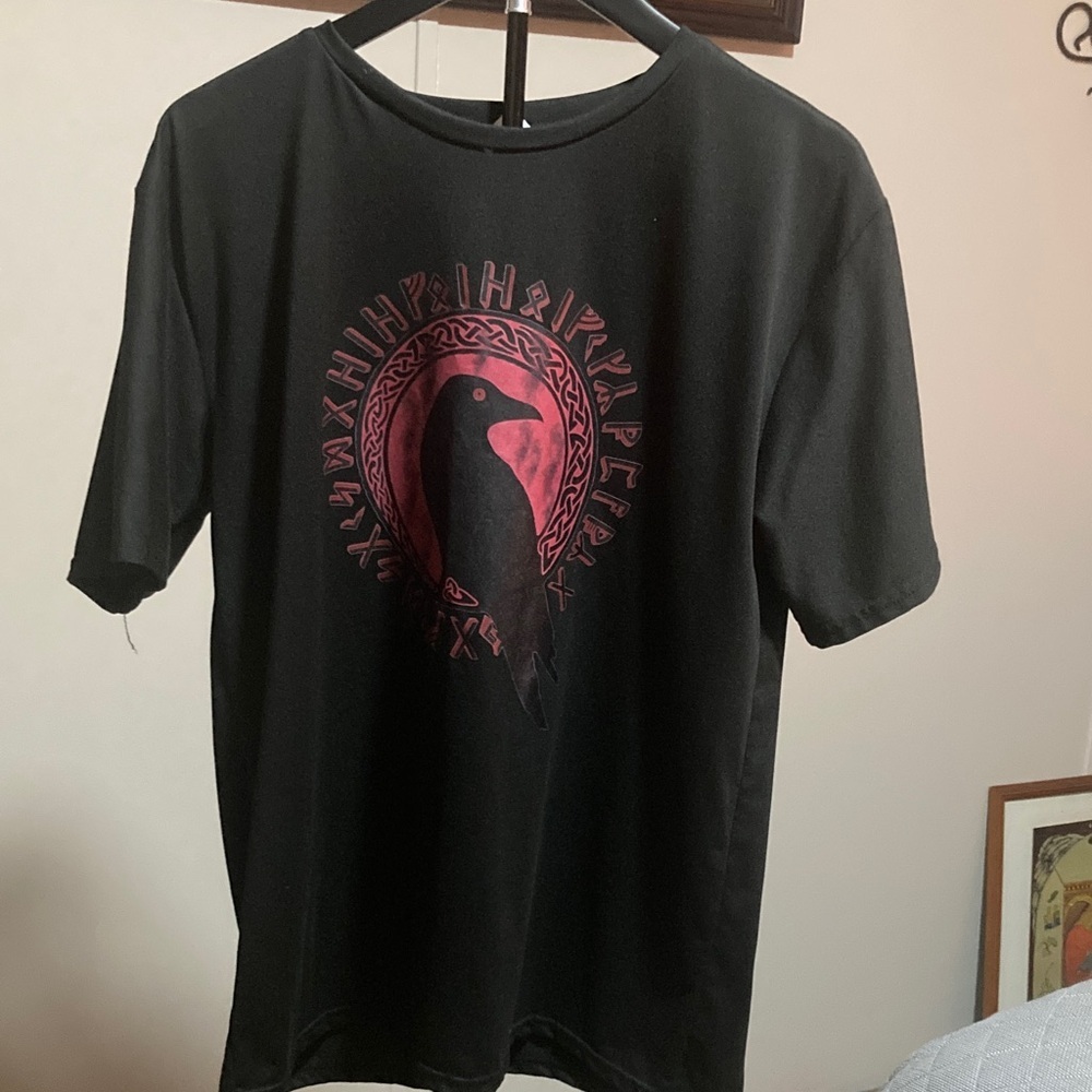 Raven Black T-Shirt with Red Nordic Design